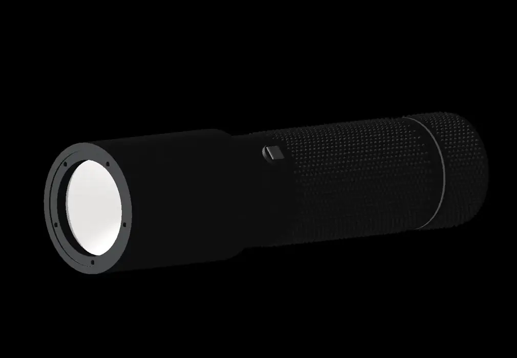 LΔSΞR flashlight, three-quarter view of the lens and knurled body