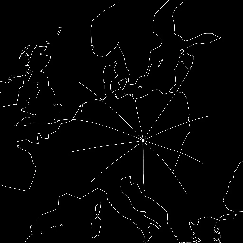 Outline map of Europe with lines radiating from Brno